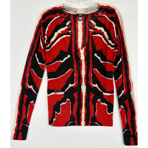 Roberto Cavalli Red Animal Print Abstract V Neck Sweater Size 4 - Picture 1 of 12